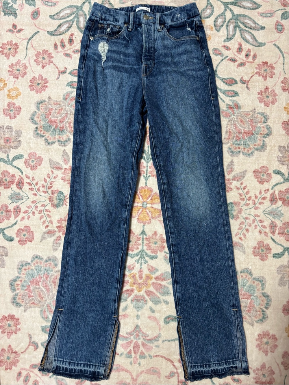 Good American Dark Blue Straight-Leg Jeans with Ankle Slits